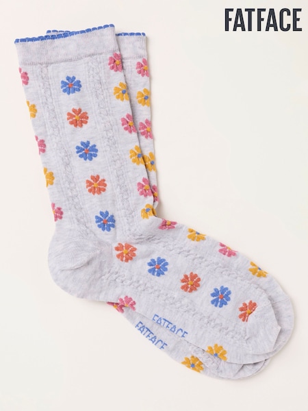 Grey - Fatface Floral Cable Socks