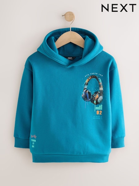 Teal Blue Headphones - Older Graphic Print Hoodie (3-16yrs)