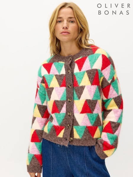 Oliver Bonas Green Triangle Geometric Crew Neck Knitted Cardigan (G80765) | €111