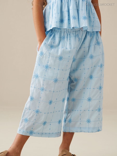 Angel & Rocket Blue Nellie Tie Waist Embroidered Wide Leg Trousers (G80844) | R$ 255 - R$ 325