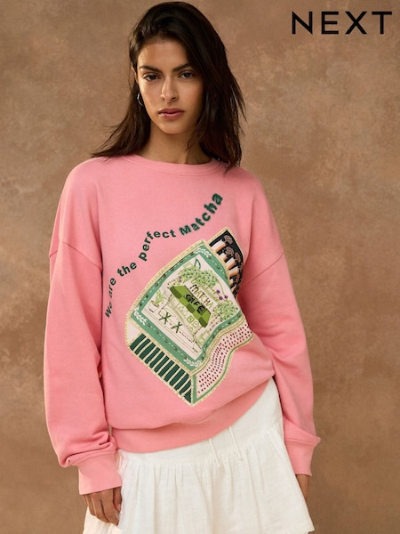 Pink - Beaded Matcha Graphic Sweatshirt