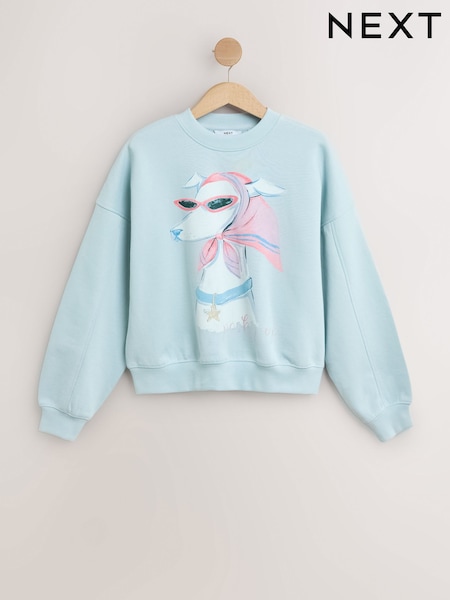 Blue - Dog Graphic Crew Neck Sweatshirt