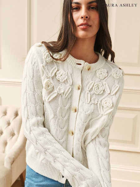 Cream - Laura Ashley 3d Floral Cable Cardigan