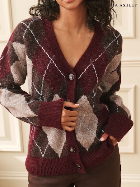 Brown/Purple Argyle - Laura Ashley V-neck Boyfriend Cardigan