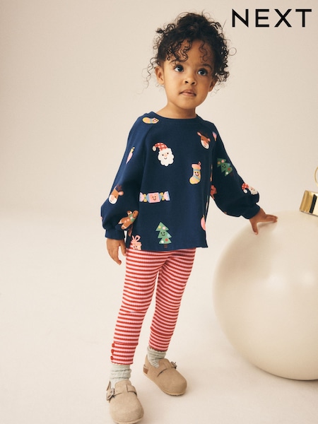 Navy - Christmas Long Sleeve Ribbed Raglan Top And Leggings Set (3mths-7yrs)