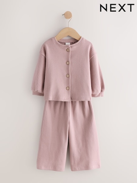 Pink - Ribbed Raglan Cardigan And Wide Leg Trousers Set (3mths-7yrs)