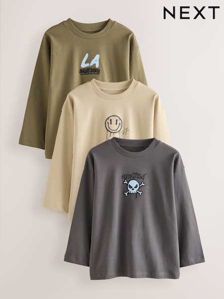 Камень/хаки/темно-серый - Graphic Long Sleeve Relaxed Fit T-shirts 3 Pack (3-16yrs)