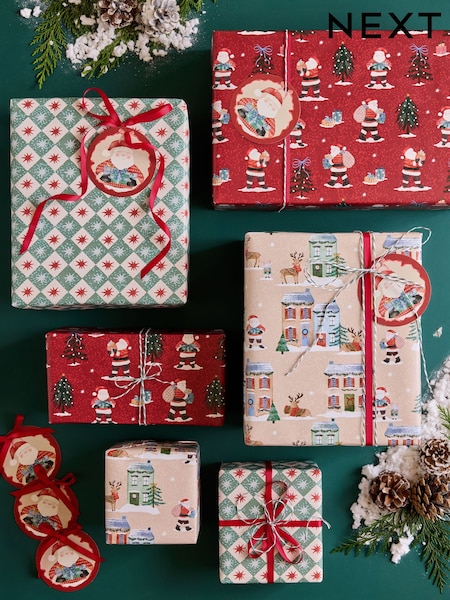 Set Of 3 Christmas Wrapping Paper Gift Tags And Ribbons Set