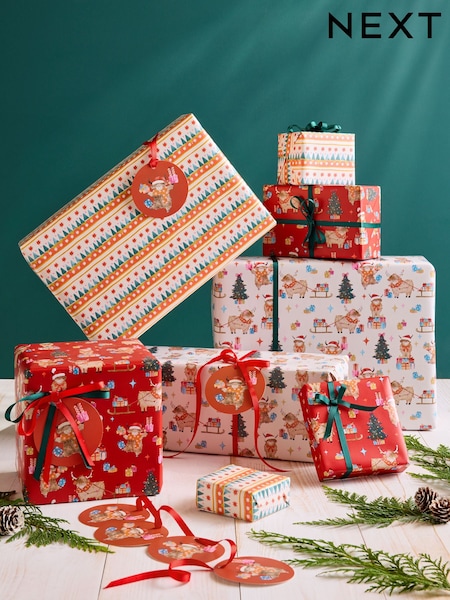 Set Of 3 Christmas Wrapping Paper Gift Tags And Ribbons Set