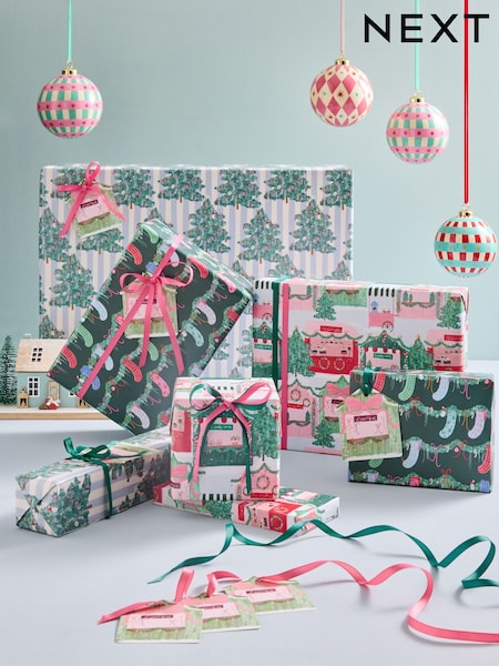 Set Of 3 Christmas Wrapping Paper Gift Tags And Ribbons Set