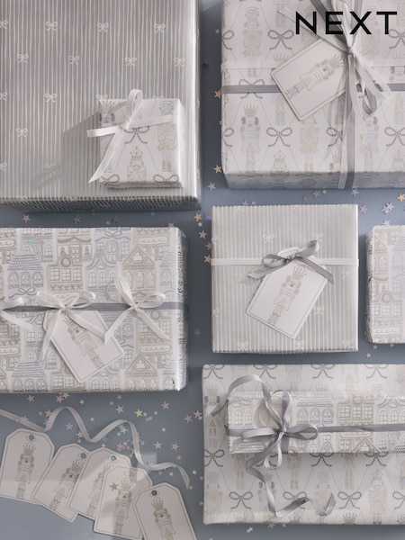 Set Of 3 Christmas Wrapping Paper Gift Tags And Ribbons Set