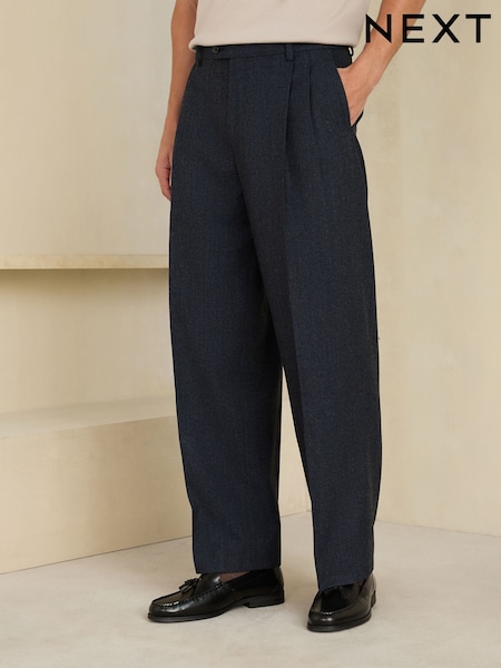 Navy - Loose Fit Wool Blend Flannel Suit Trousers