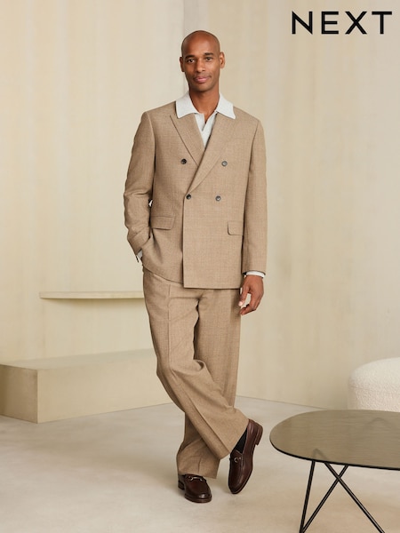 Neutral - Regular Double Breasted Loose Fit Wool Blend Flannel Suit Jacket