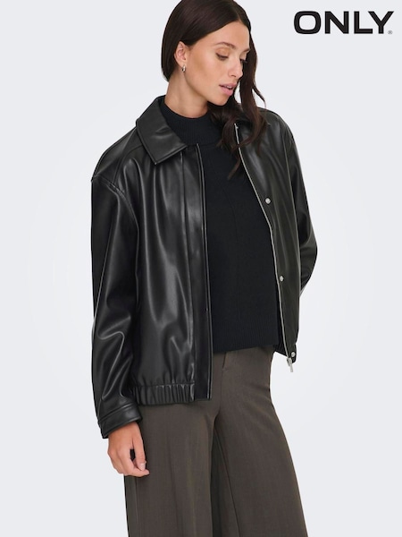 ONLY Black Collared Faux Leather Bomber Jacket (G81096) | kr707