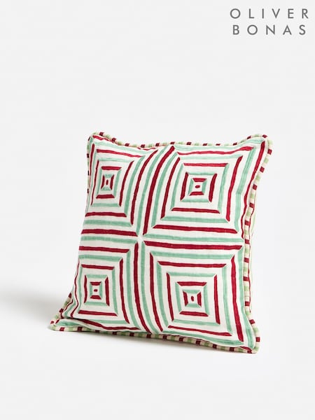 Oliver Bonas Multi Red Green Embroidered Squares Cushion Cover 45x45cm (G81520) | €46.50