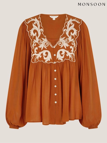 Monsoon Brown Jenna Embroidered Blouson Blouse (G81553) | €91.50