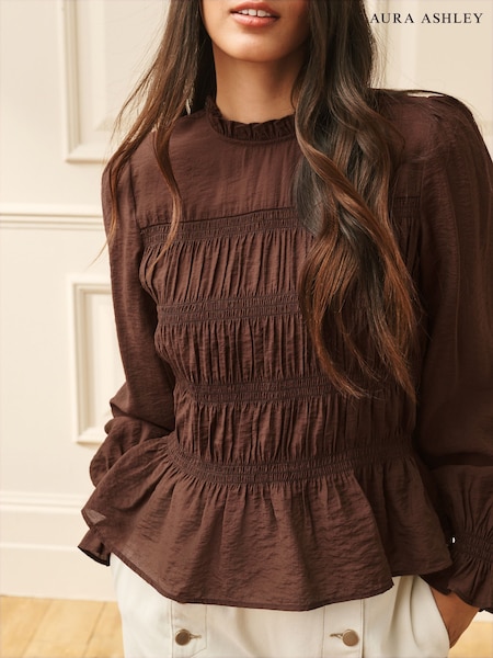 Chocolate Brown - Laura Ashley Shirred Long Sleeve Blouse
