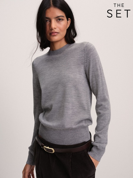 Gray - Ang Set na Crew Neck Long Sleeve Merino Jumper