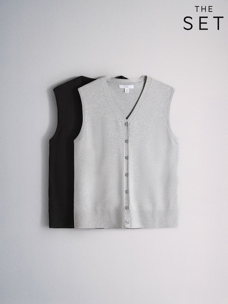 Black/Light Grey - The Set 2 Pack Fine Knit V-neck Waistcoat