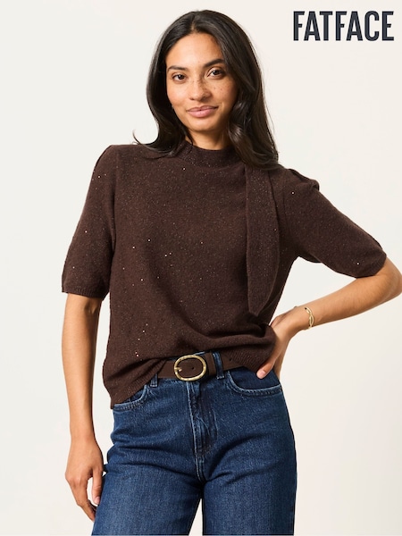 Chocolate Brown - Fatface Knitted Sequin Tie Neck Jumper