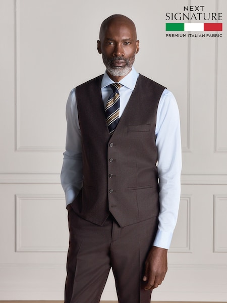 Brown - Regular Signature Slim Fit Zignone Italian Wool Cashmere Flannel Suit Waistcoat