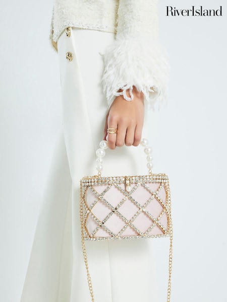 River Island Gold Pearl Handle Embellished Basket Bag (G82407) | AED268