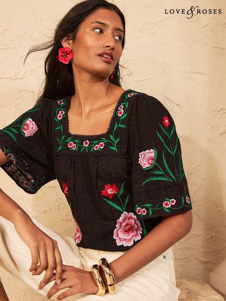 Black - Love & Roses Floral Embroidered Square Neck Blouse