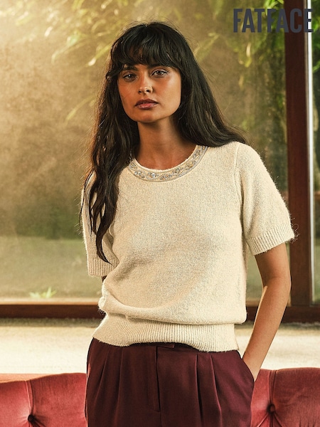 Ivory - Fatface Embellished Collar Knit Top