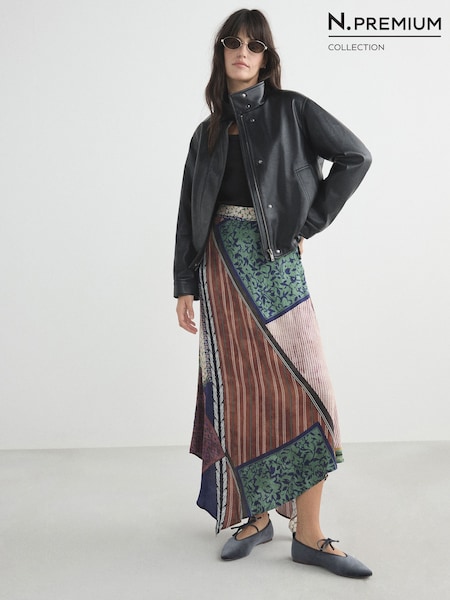 Brown/Blue Scarf Print - N. Premium Satin Asymmetric Maxi Skirt