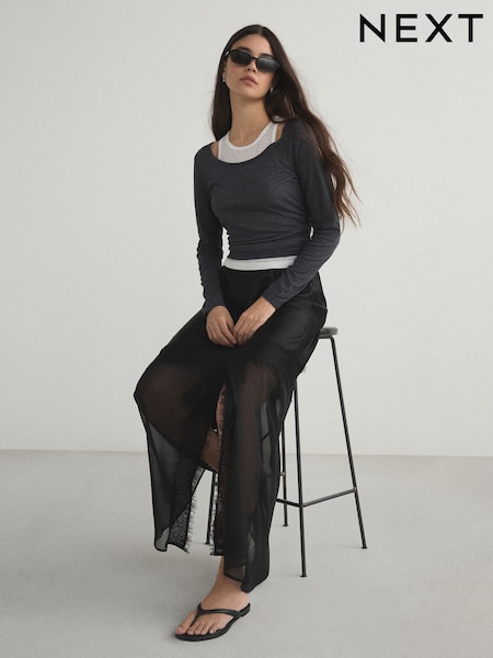 Black - Satin Mesh Lace Trim Midi Skirt