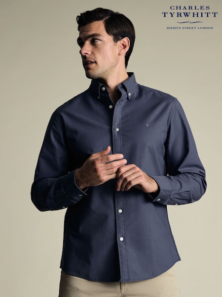 Charles Tyrwhitt Blue Slim Fit Plain Button-Down Stretch Washed Oxford Shirt (G82962) | $162