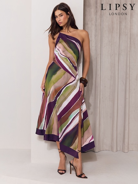 Multi - Robe mi-longue Lipsy rayée en satin asymétrique coupe évasée