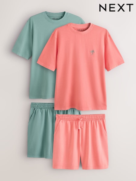Green/Pink - Regular Jersey Salt Wash Short Sleeve Pyjamas 2 Pack