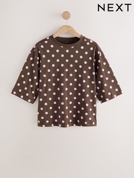 Brown Polka Dot - Boxy Elbow Sleeve Crew Neck T-shirt