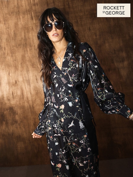 Black Chinoiserie Floral Print - Rockett St George Tie Side Blouse