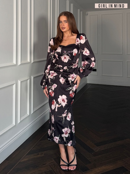 Girl In Mind Black Mina Sweetheart Neckline Ruched Detail Midi Dress (G83616) | SGD 116