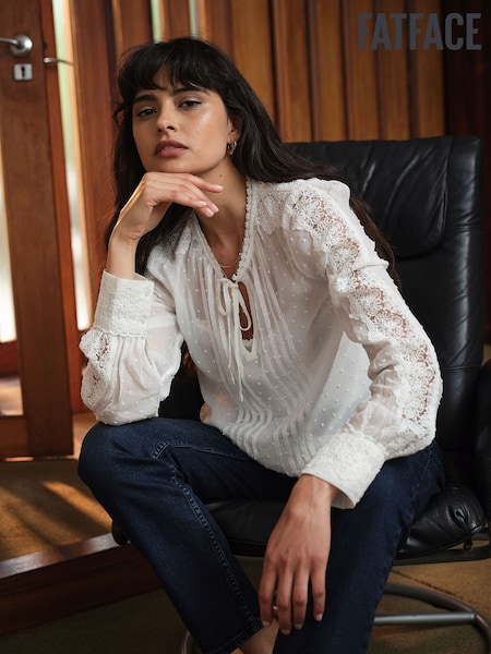 Ivory - Fatface Sheer Dobby Lace Trim Blouse