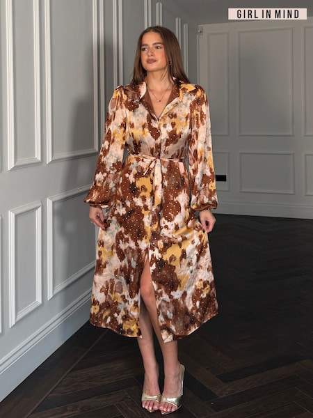 Girl In Mind Brown Kaya Printed Shirt Dress (G83738) | SGD 112
