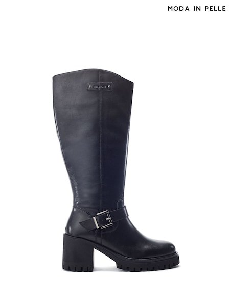 Schwarz - Moda In Pelle Sh Arran Block Heel Long Boots With Buckle Trim