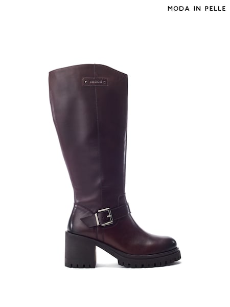 אדום - Moda In Pelle Sh Arran Block Heel Long Boots With Buckle Trim