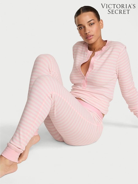 Pretty Blossom Pink Iconic Stripe - Victoria's Secret Thermal Henley Long Pyjama Set