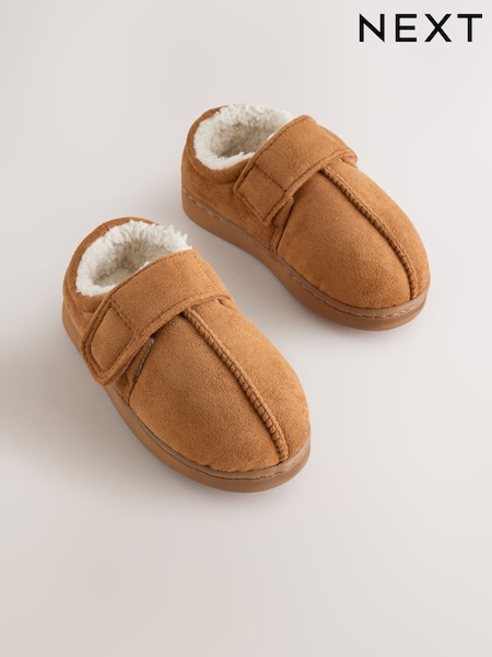 Tan Brown - Warm Lined Touch Fastening Cupsole Slippers