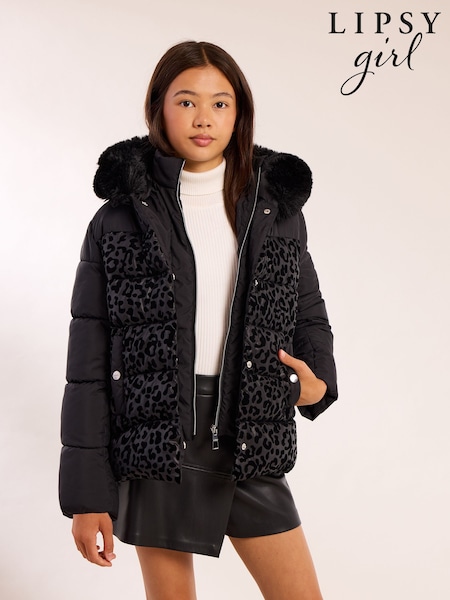 Black - Lipsy Shower Resistant Midweight Leopard Print Short Puffer Coat (7-16yrs)