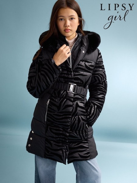 Czarny - Lipsy Shower Resistant Midweight Zebra Print Belted Puffer Coat (5-16yrs)