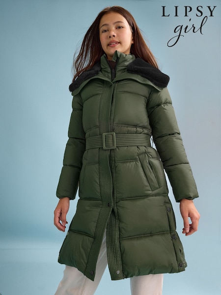 Khaki Green - Lipsy Shower Resistant Midweight Longline Quilted Belted Puffer Coat (5-16yrs)