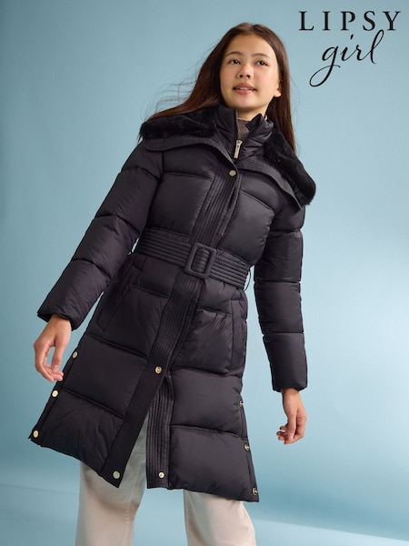 Black - Lipsy Shower Resistant Midweight Longline Quilted Belted Puffer Coat (5-16yrs)