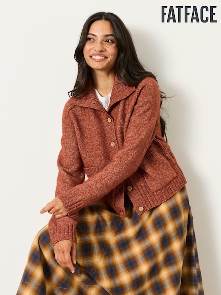 بني مائل للأحمر - Fatface Funnel Neck Knitted Cardigan