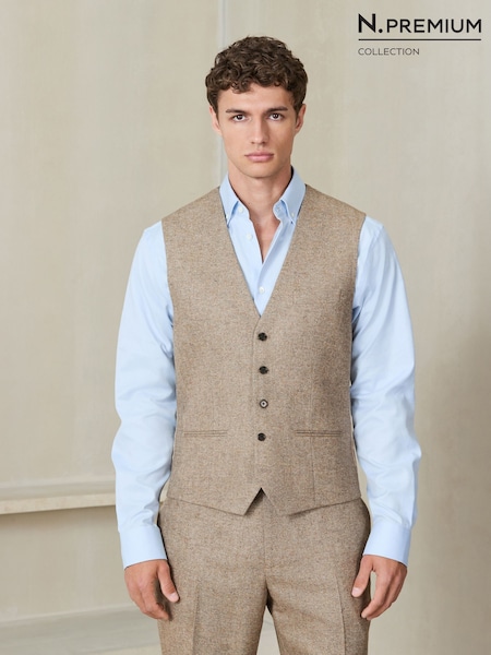Stone - Regular N. Premium Tailored Fit Nova Fides Italian Wool Textured Herringbone Suit Waistcoat