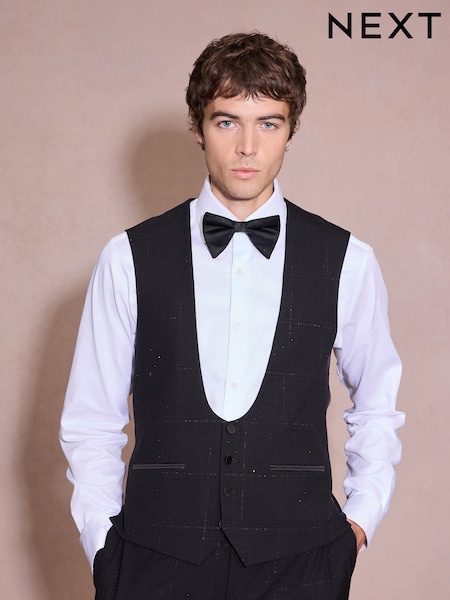 Black - Regular Regular Fit Check Sparkle Tuxedo Waistcoat