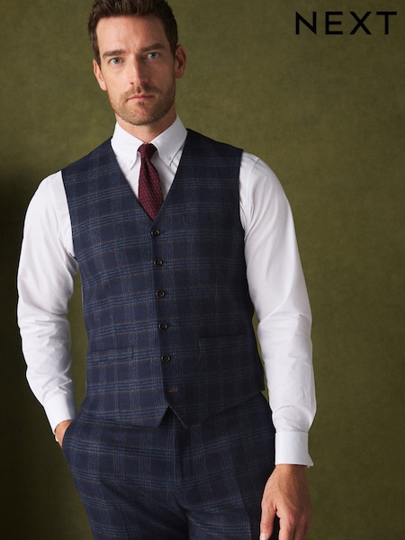 Bright Blue - Regular Tailored Fit Nova Fides Italian Wool Rich Check Trimmed Suit Waistcoat